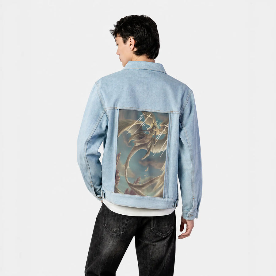 divinejustice patch on male og denim jacket in oceanside