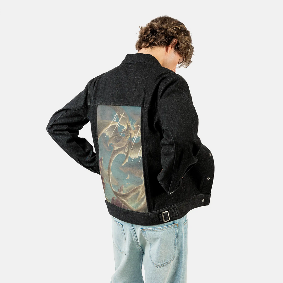 divinejustice patch on male og denim jacket in raven