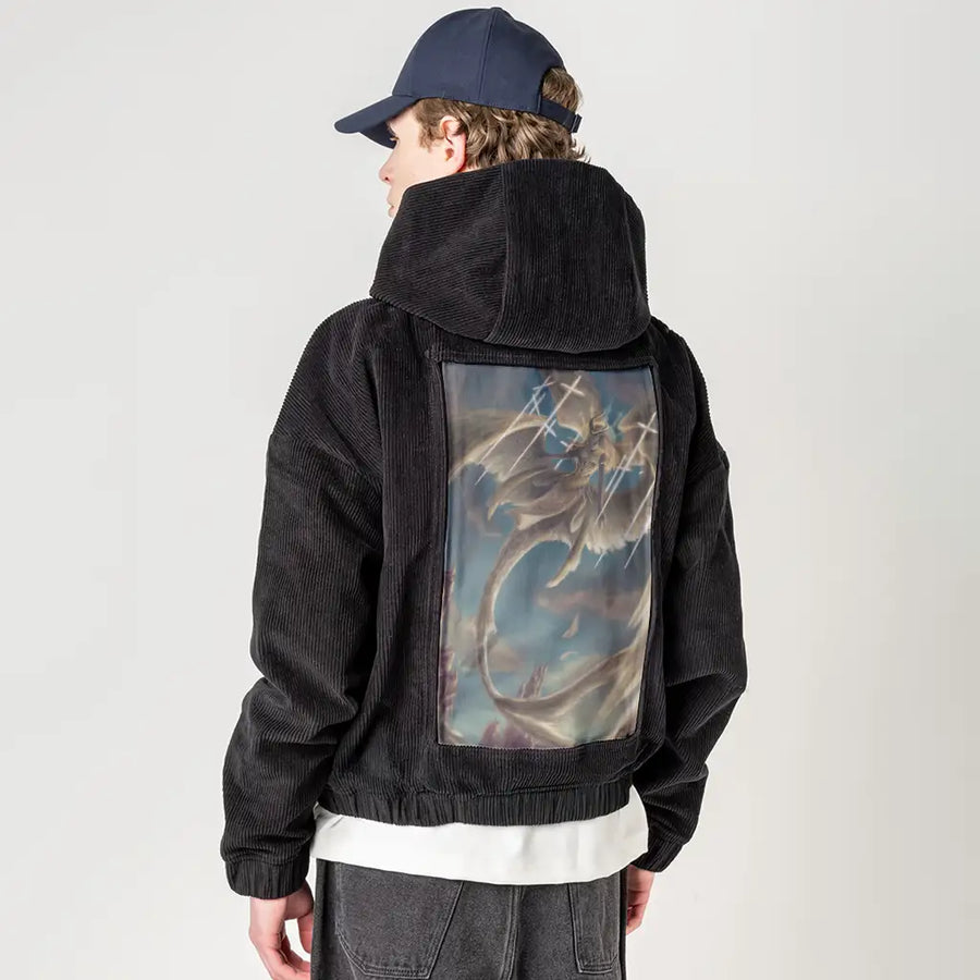divinejustice patch on male retro cord hoodie in onyx
