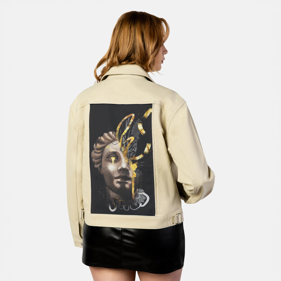 divinelyreimagined patch on female atelier canvas jacket in tan