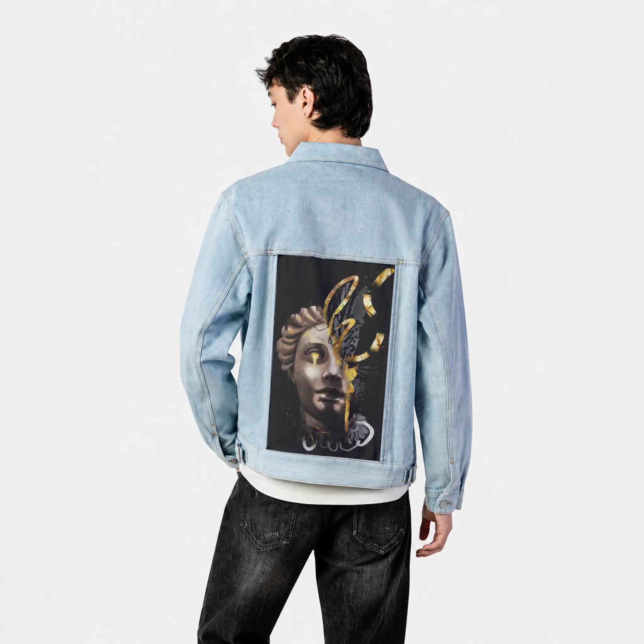 divinelyreimagined patch on male og denim jacket in oceanside