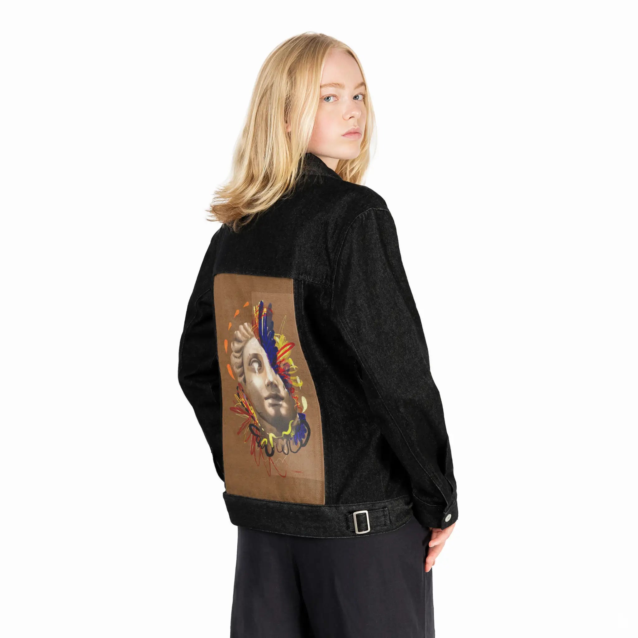 divinelyreimaginedchroma patch on female og denim jacket in raven