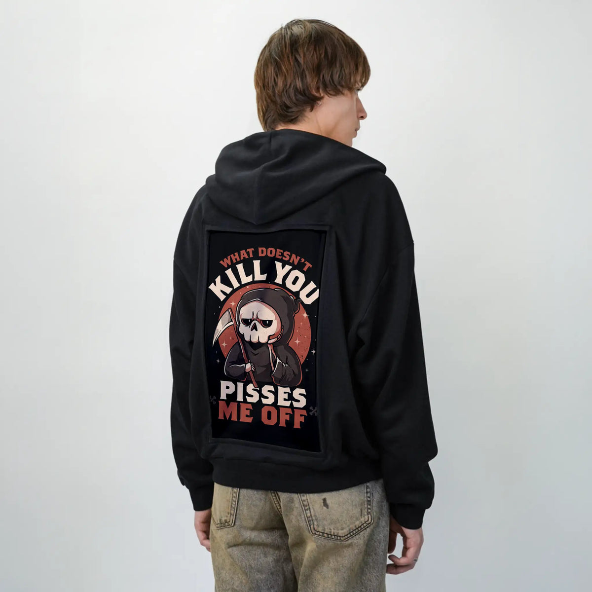 doesntkillyou patch on male essential zip hoodie in after hours