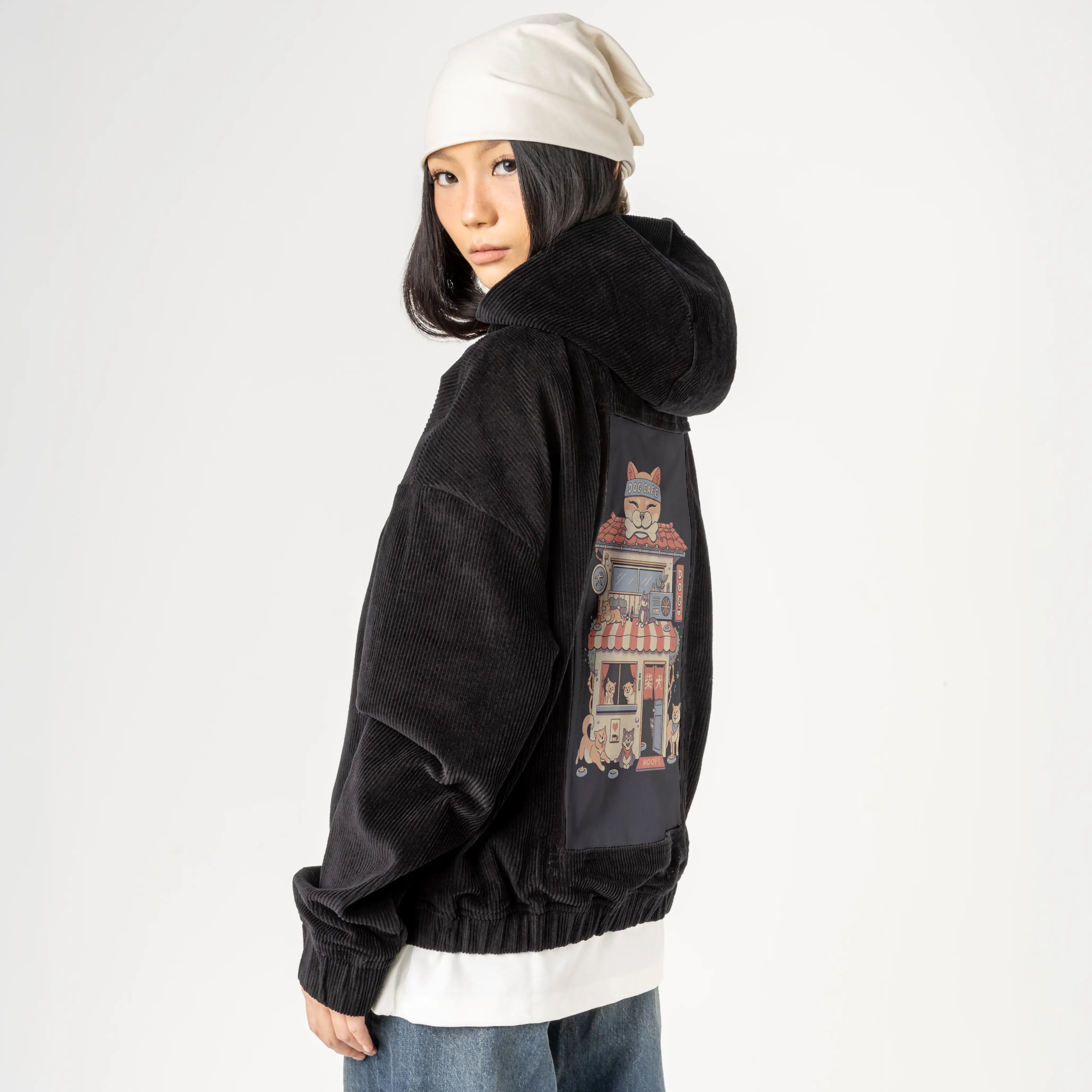 dogcafe patch on female retro cord hoodie in onyx