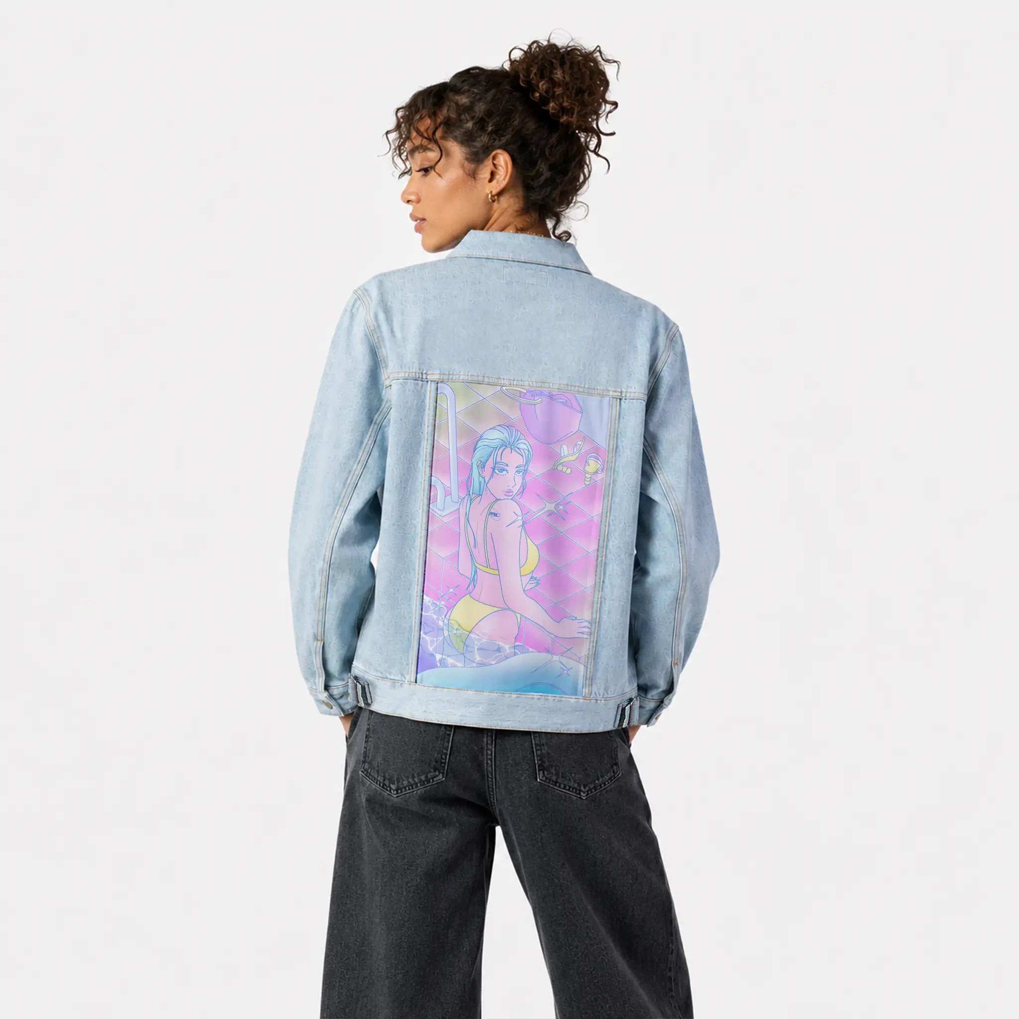 dontmissmemuch patch on female og denim jacket in oceanside