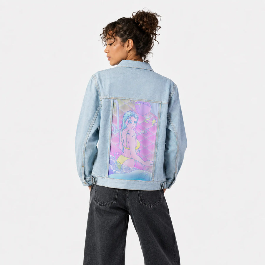 dontmissmemuch patch on female og denim jacket in oceanside