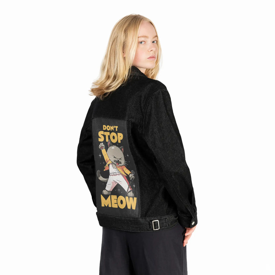 dontstopmeow patch on female og denim jacket in raven
