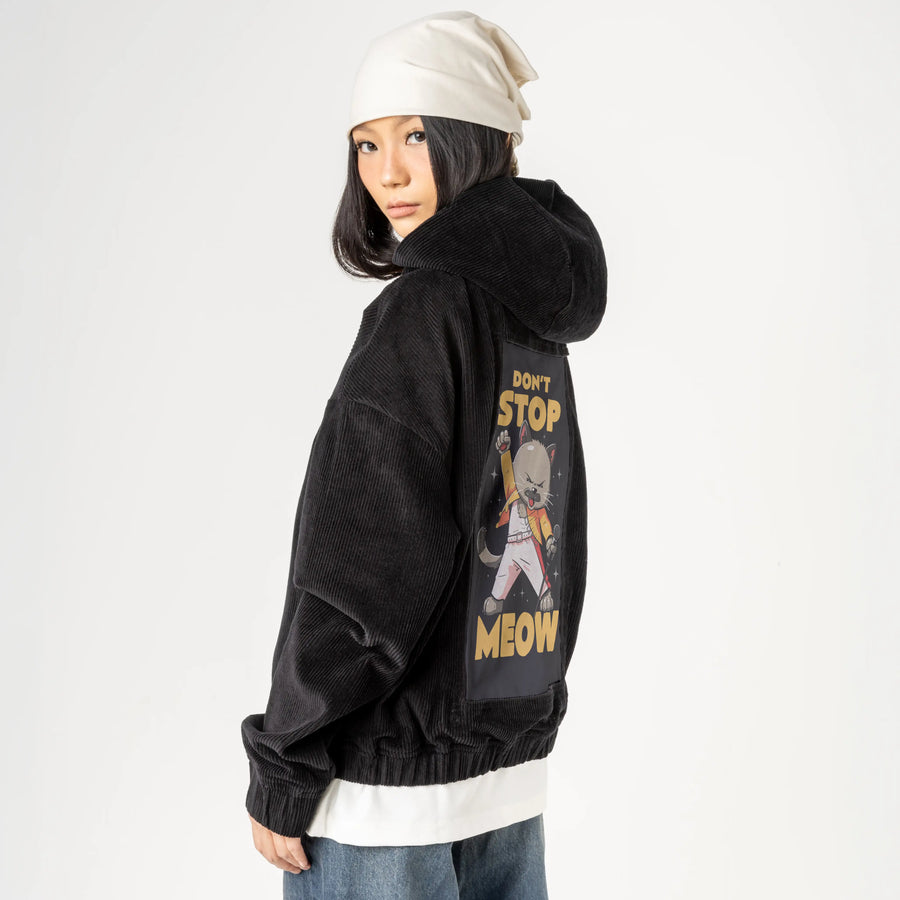 dontstopmeow patch on female retro cord hoodie in onyx