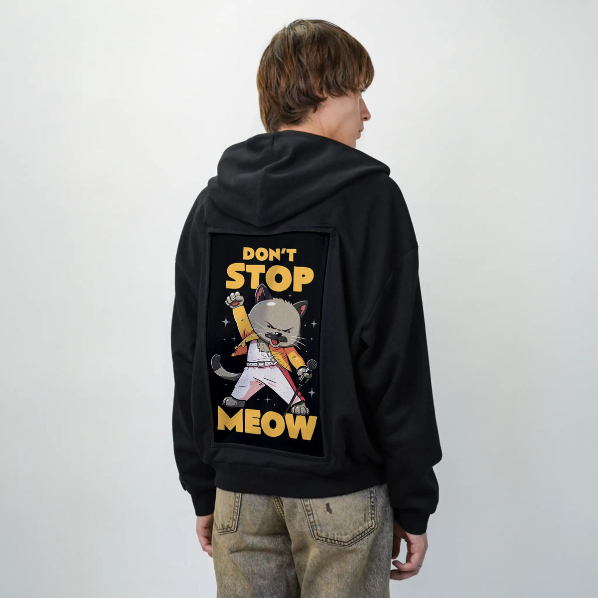 dontstopmeow patch on male essential zip hoodie in after hours