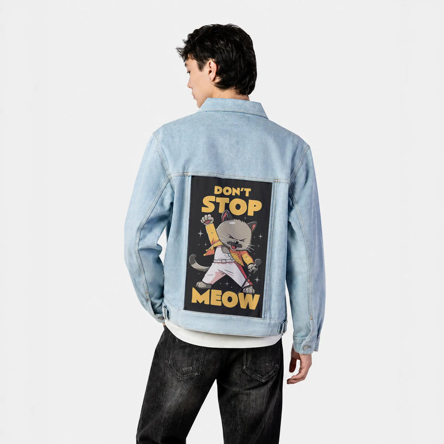 dontstopmeow patch on male og denim jacket in oceanside