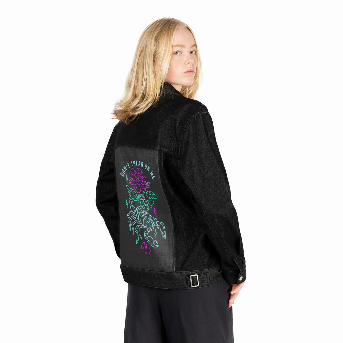 donttreadonme patch on female og denim jacket in raven
