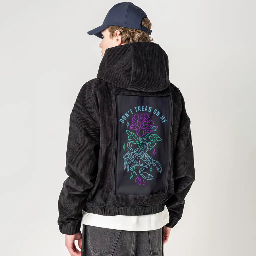 donttreadonme patch on male retro cord hoodie in onyx