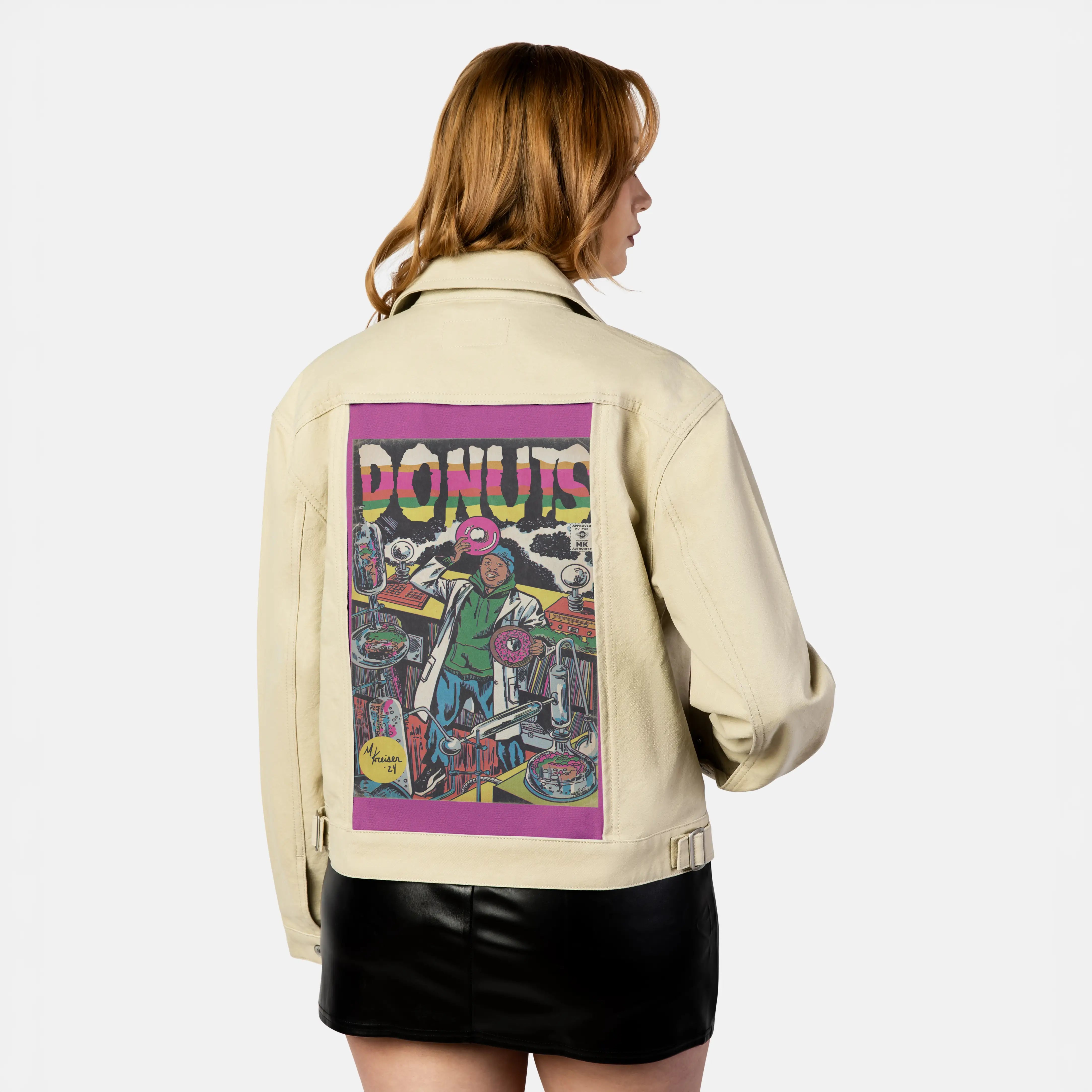 donuts patch on female atelier canvas jacket in tan