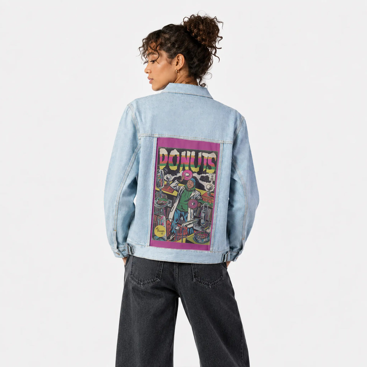 donuts patch on female og denim jacket in oceanside