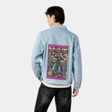 donuts patch on male og denim jacket in oceanside