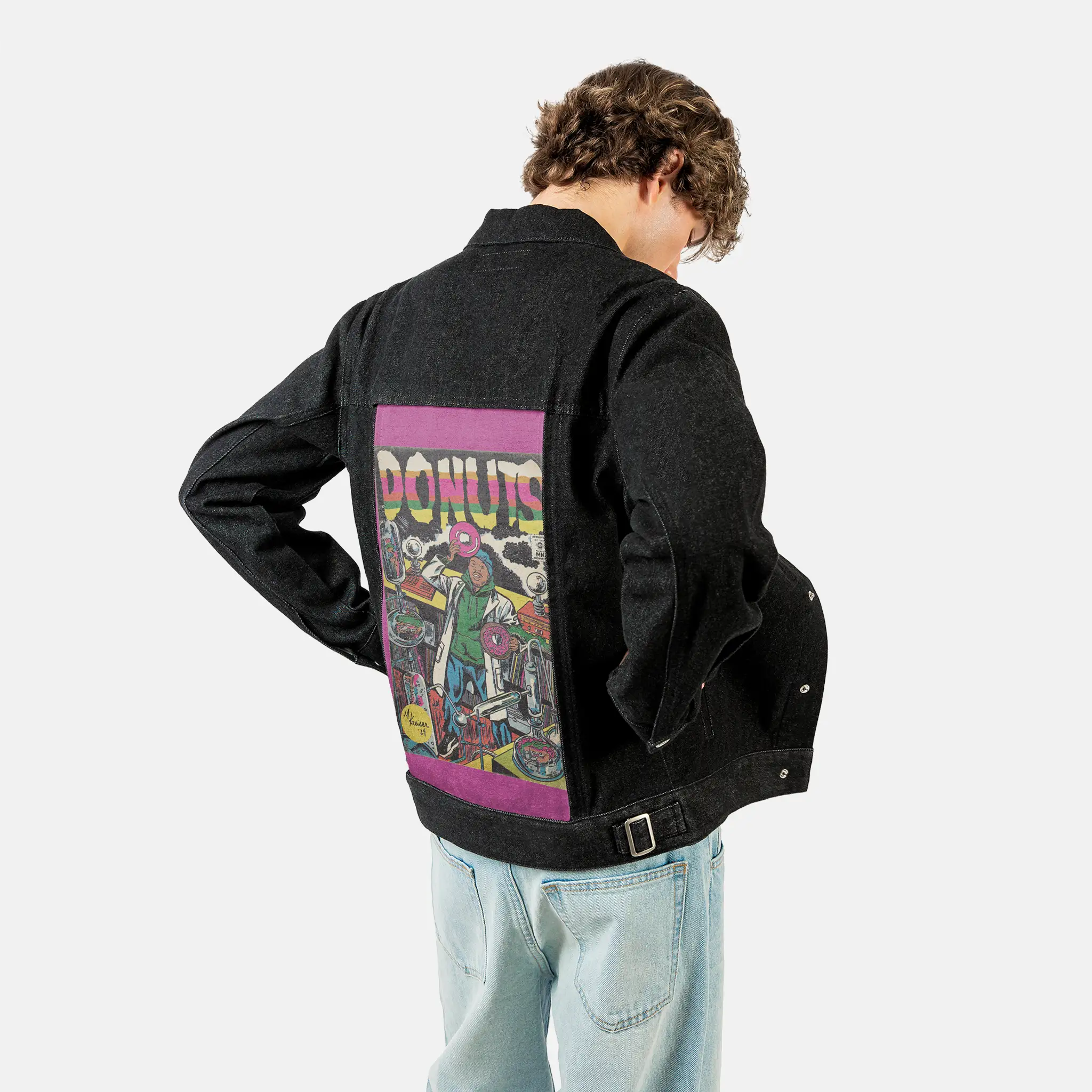 donuts patch on male og denim jacket in raven