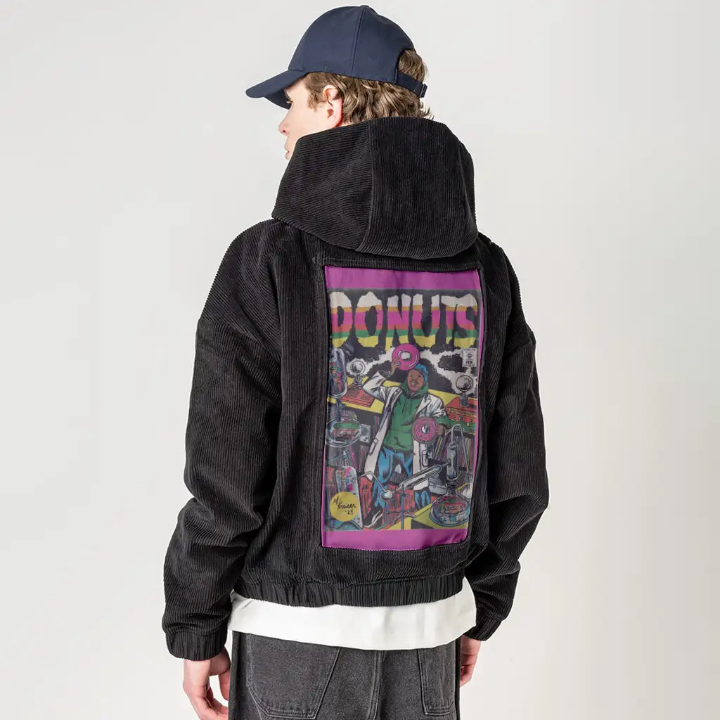 donuts patch on male retro cord hoodie in onyx