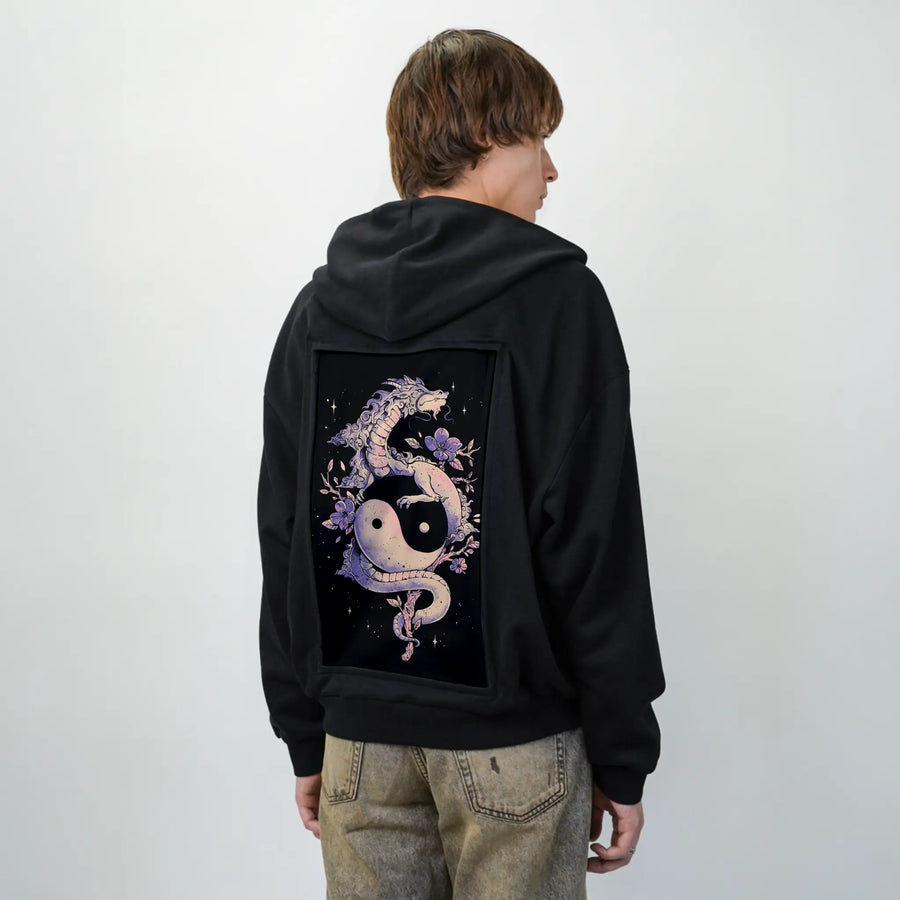dragonflower patch on male essential zip hoodie in after hours