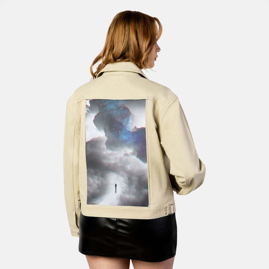 dreamglitch patch on female atelier canvas jacket in tan