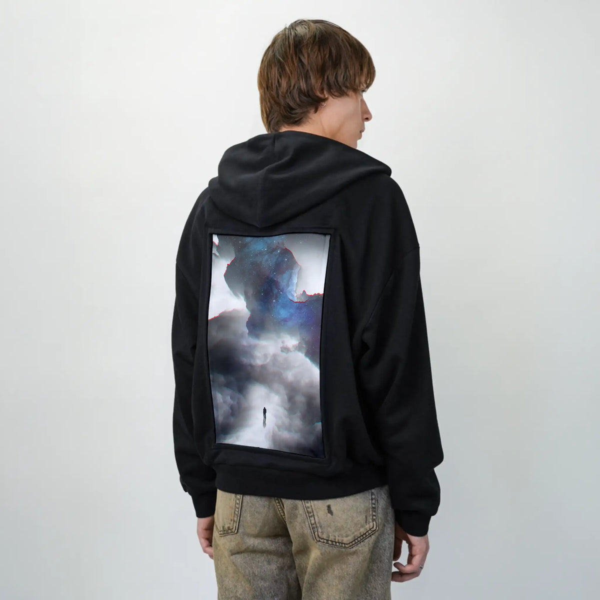 dreamglitch patch on male essential zip hoodie in after hours