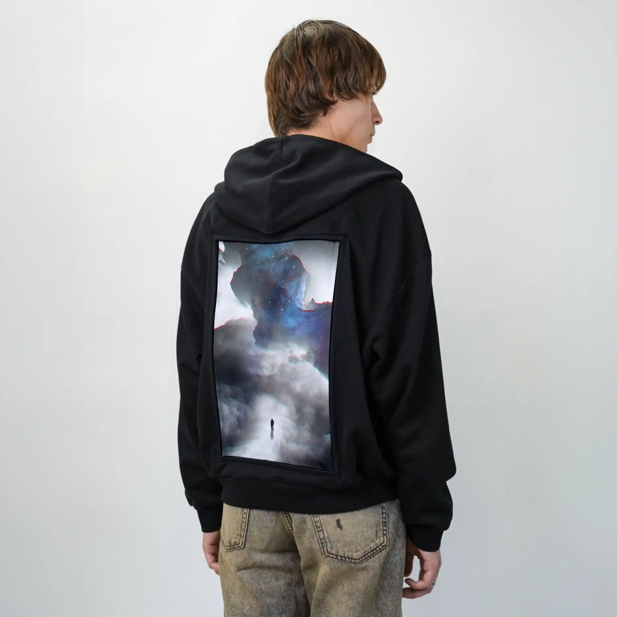 dreamglitch patch on male essential zip hoodie in after hours