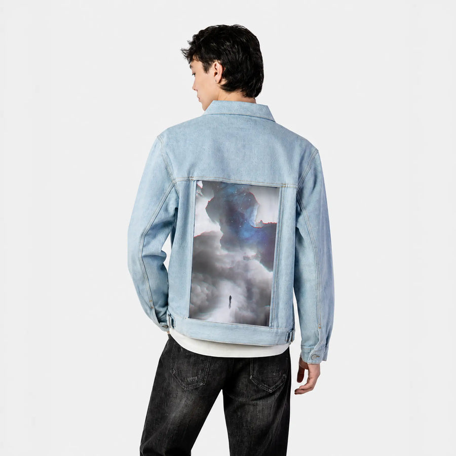 dreamglitch patch on male og denim jacket in oceanside