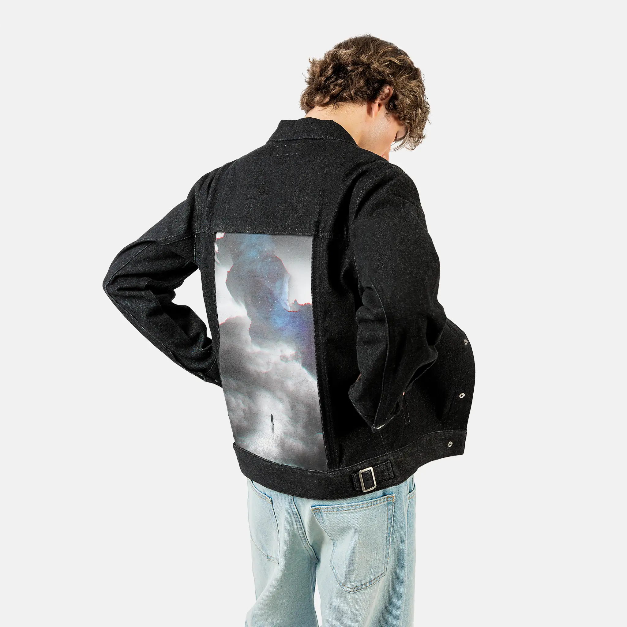 dreamglitch patch on male og denim jacket in raven