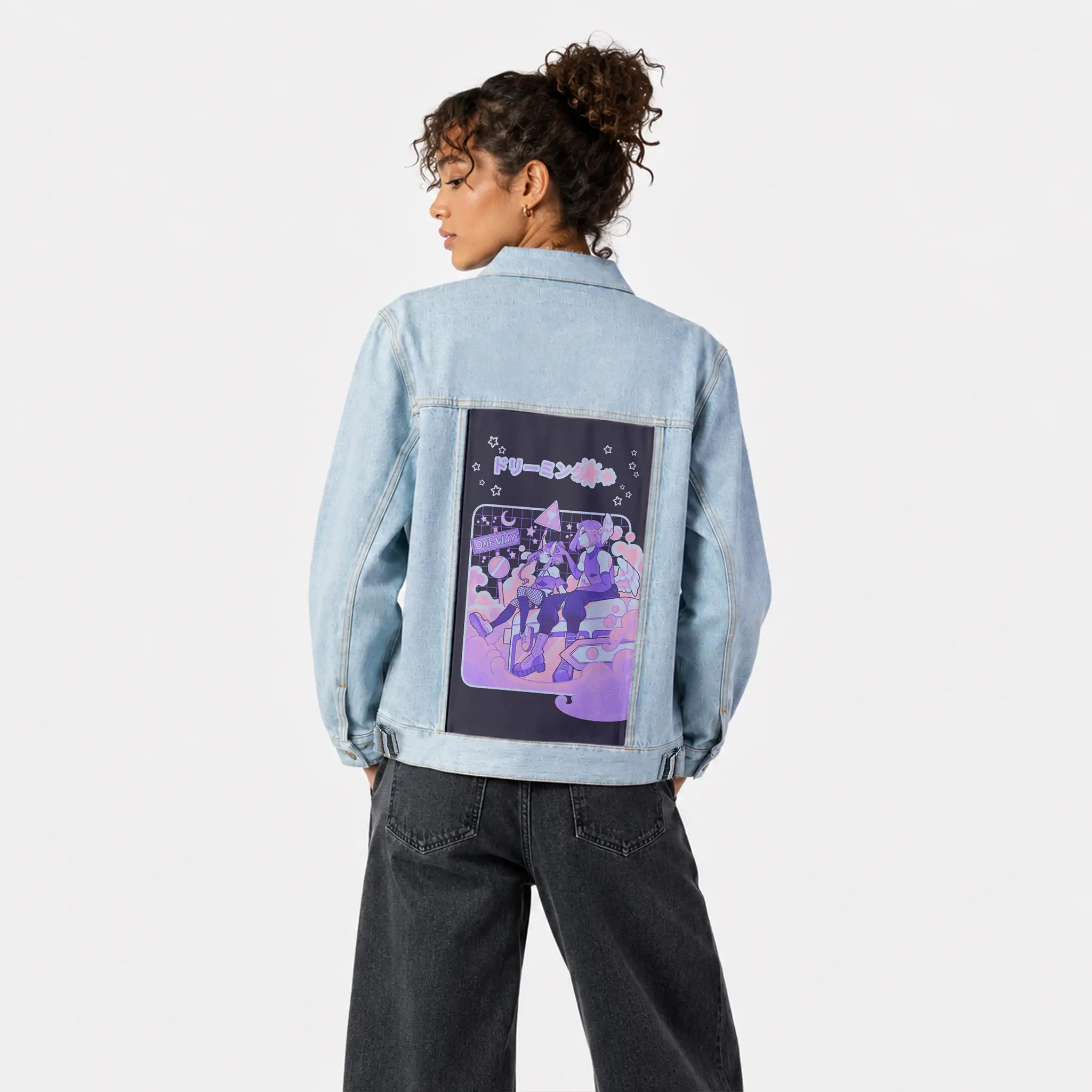 dreaming patch on female og denim jacket in oceanside