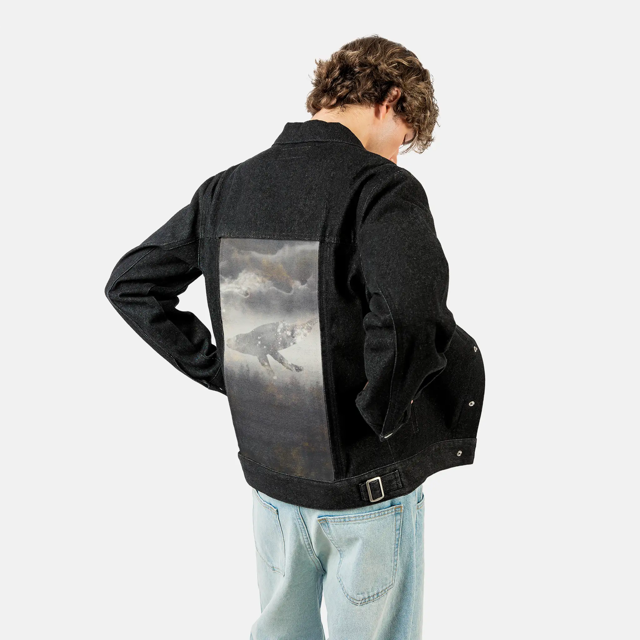 dreamspace patch on male og denim jacket in raven