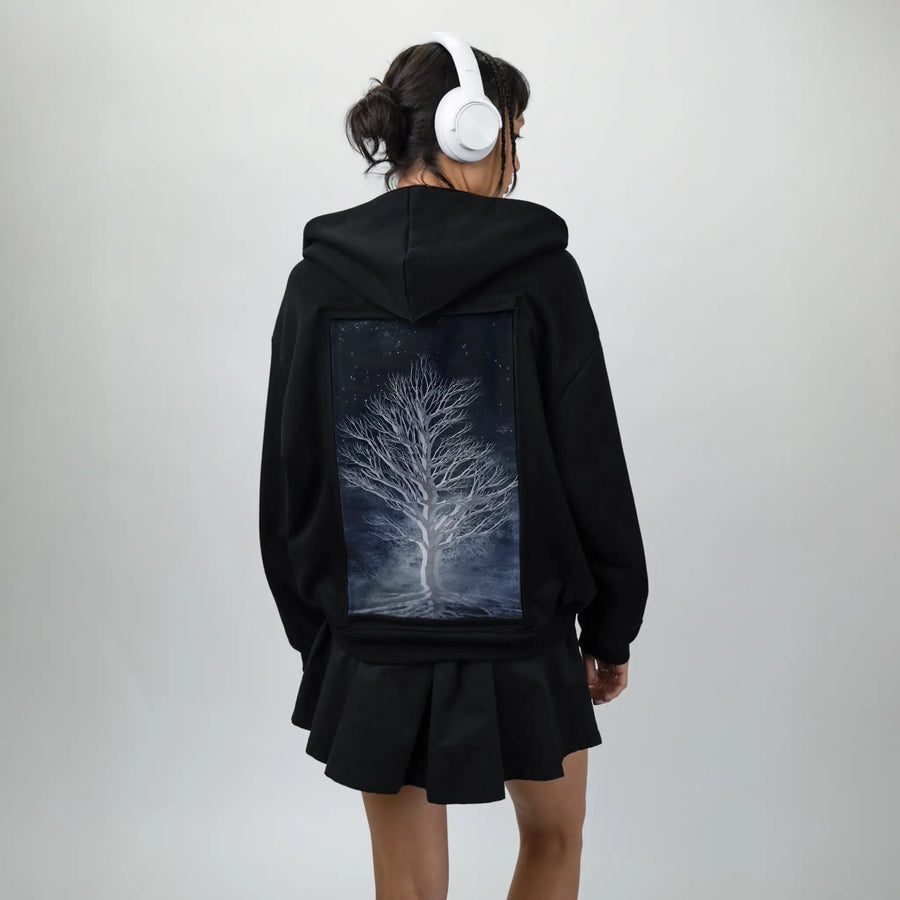 dreamtree patch on female essential zip hoodie in after hours