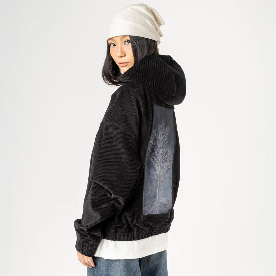 dreamtree patch on female retro cord hoodie in onyx