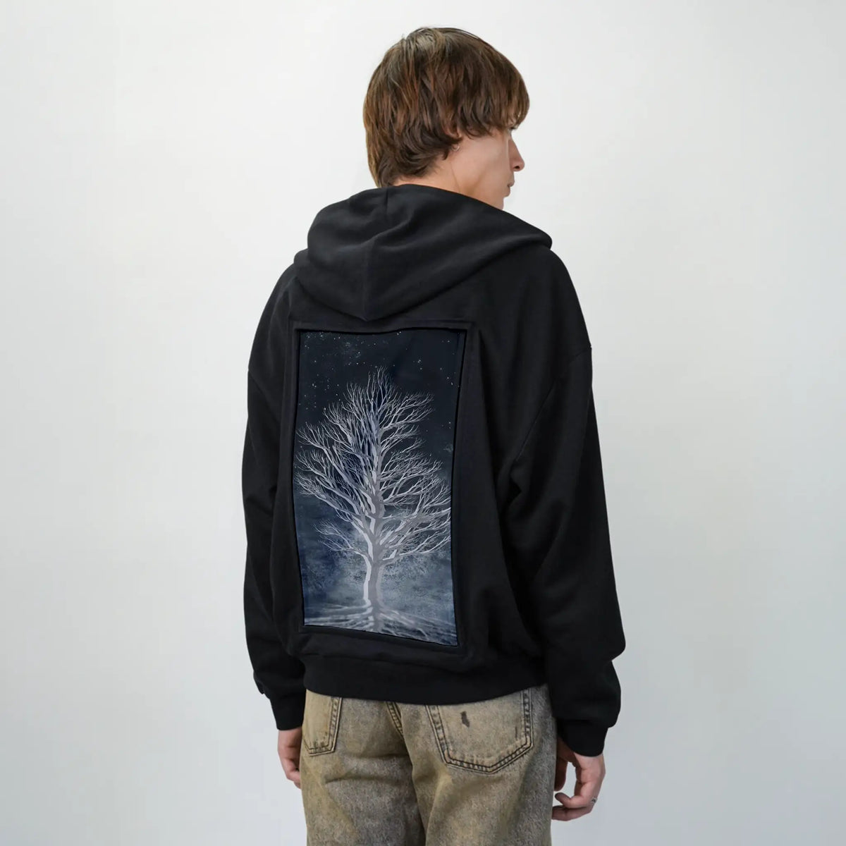 dreamtree patch on male essential zip hoodie in after hours