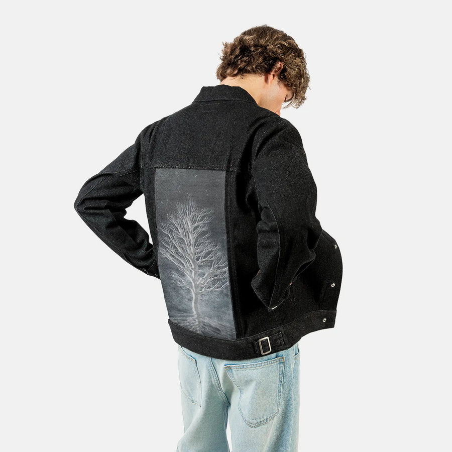 dreamtree patch on male og denim jacket in raven