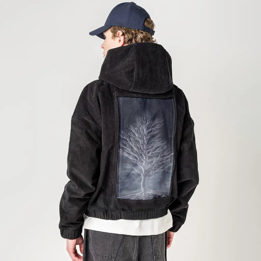 dreamtree patch on male retro cord hoodie in onyx