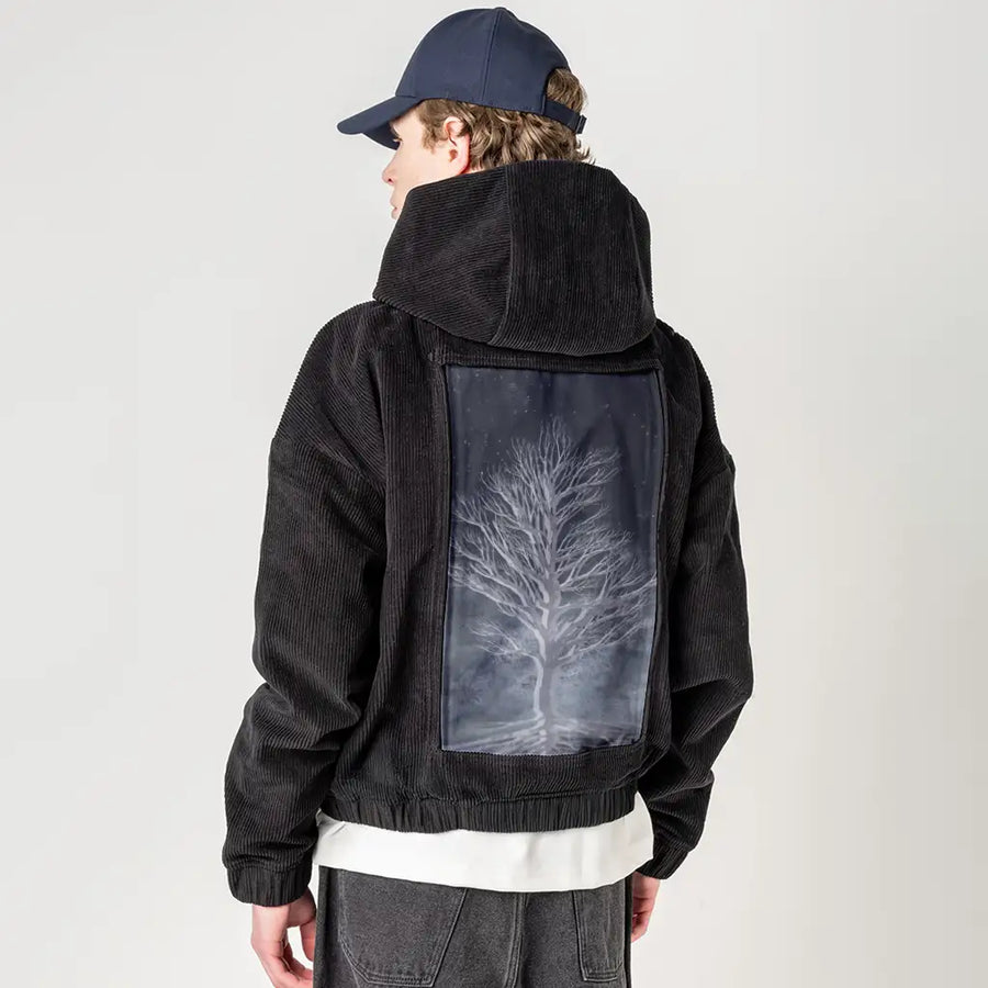 dreamtree patch on male retro cord hoodie in onyx
