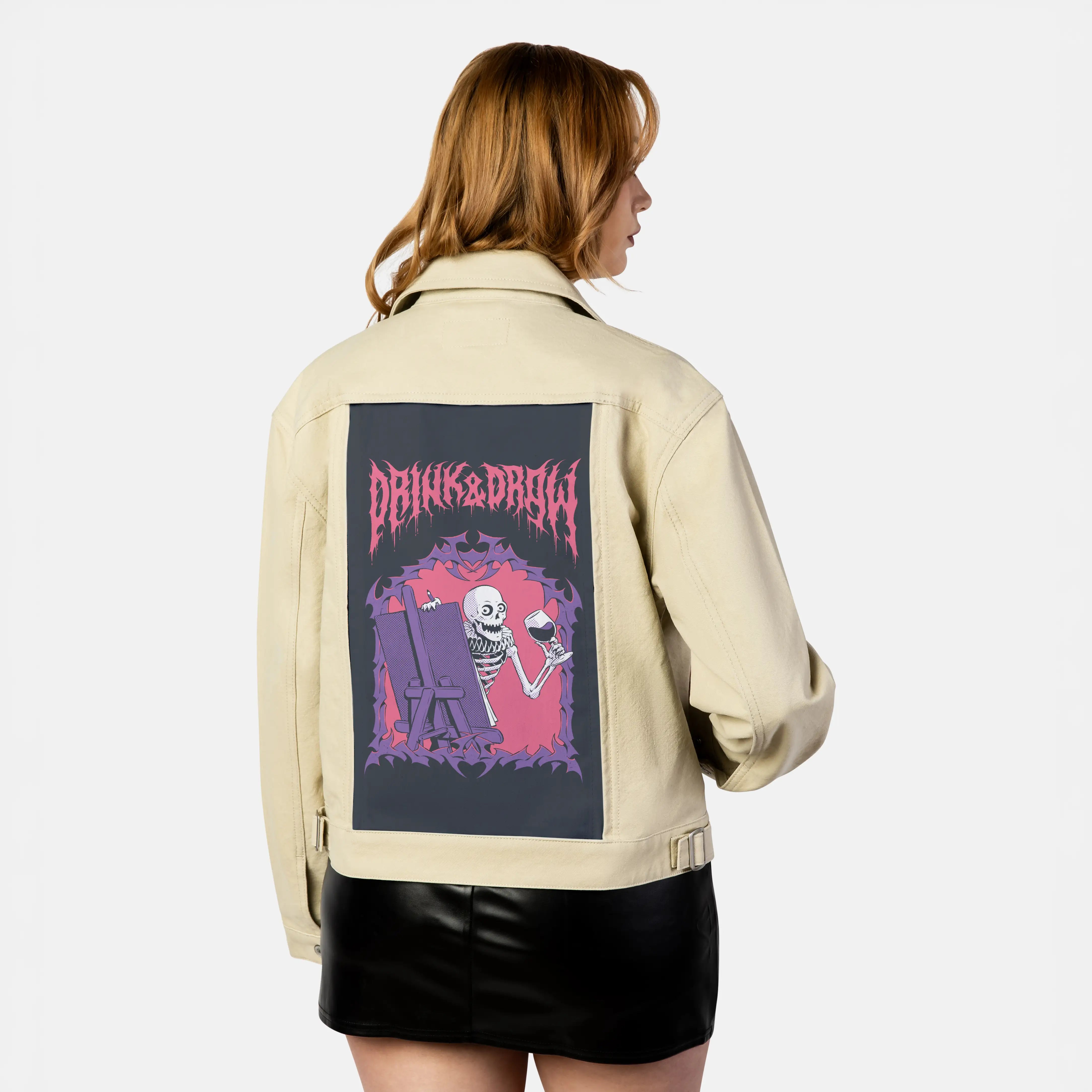 drinkanddraw patch on female atelier canvas jacket in tan