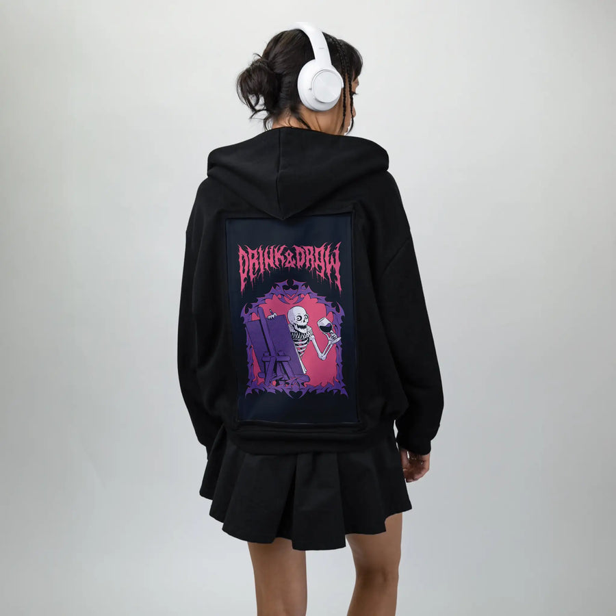 drinkanddraw patch on female essential zip hoodie in after hours