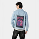 drinkanddraw patch on male og denim jacket in oceanside