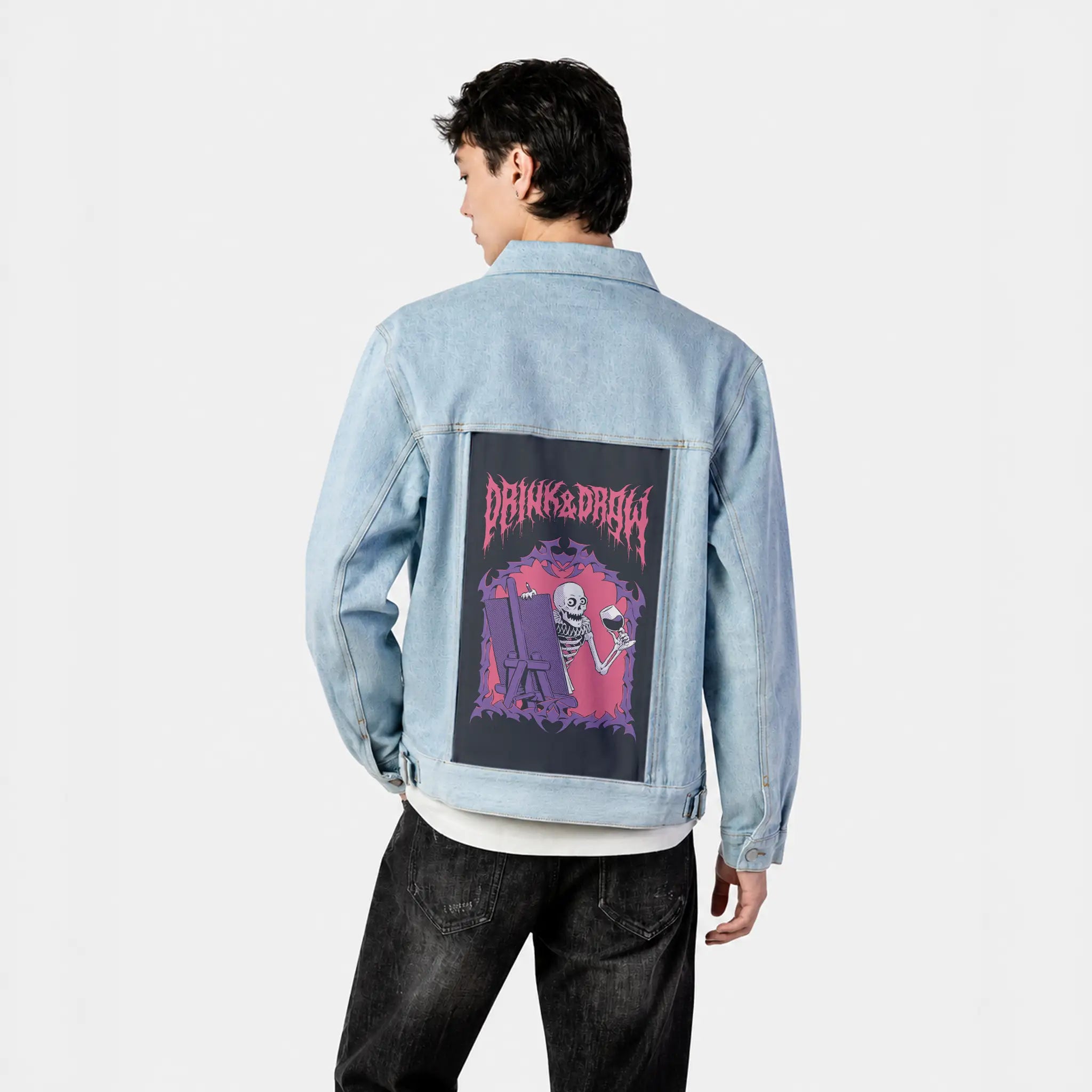 drinkanddraw patch on male og denim jacket in oceanside