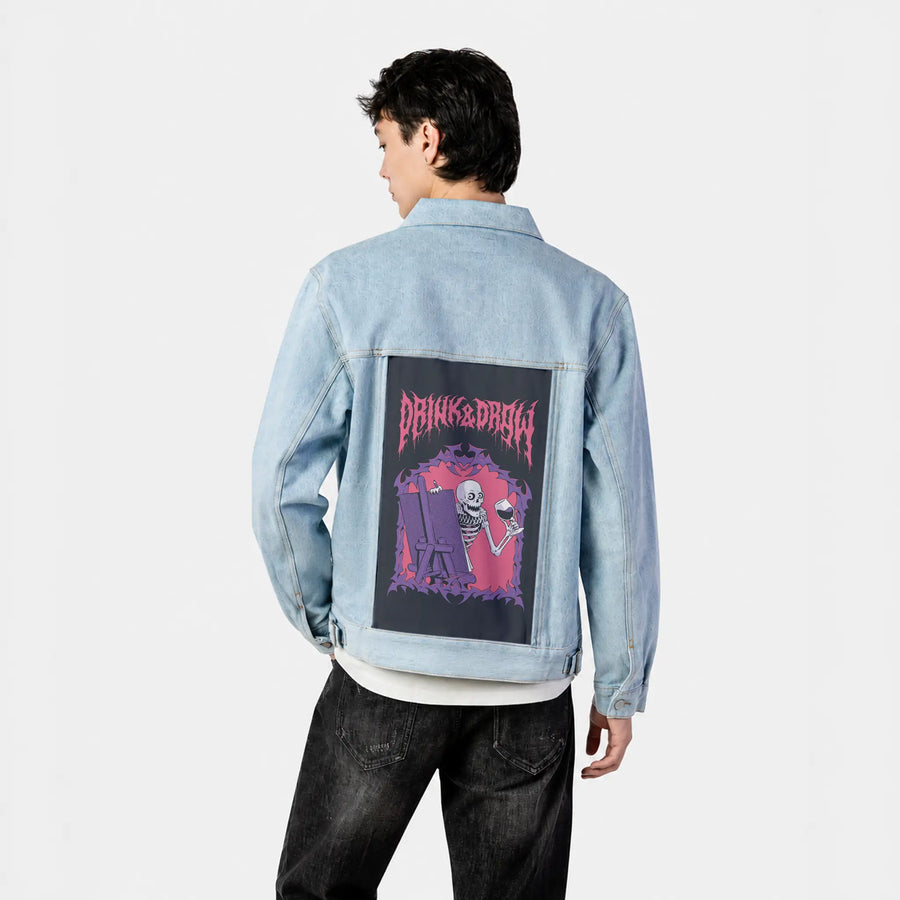 drinkanddraw patch on male og denim jacket in oceanside
