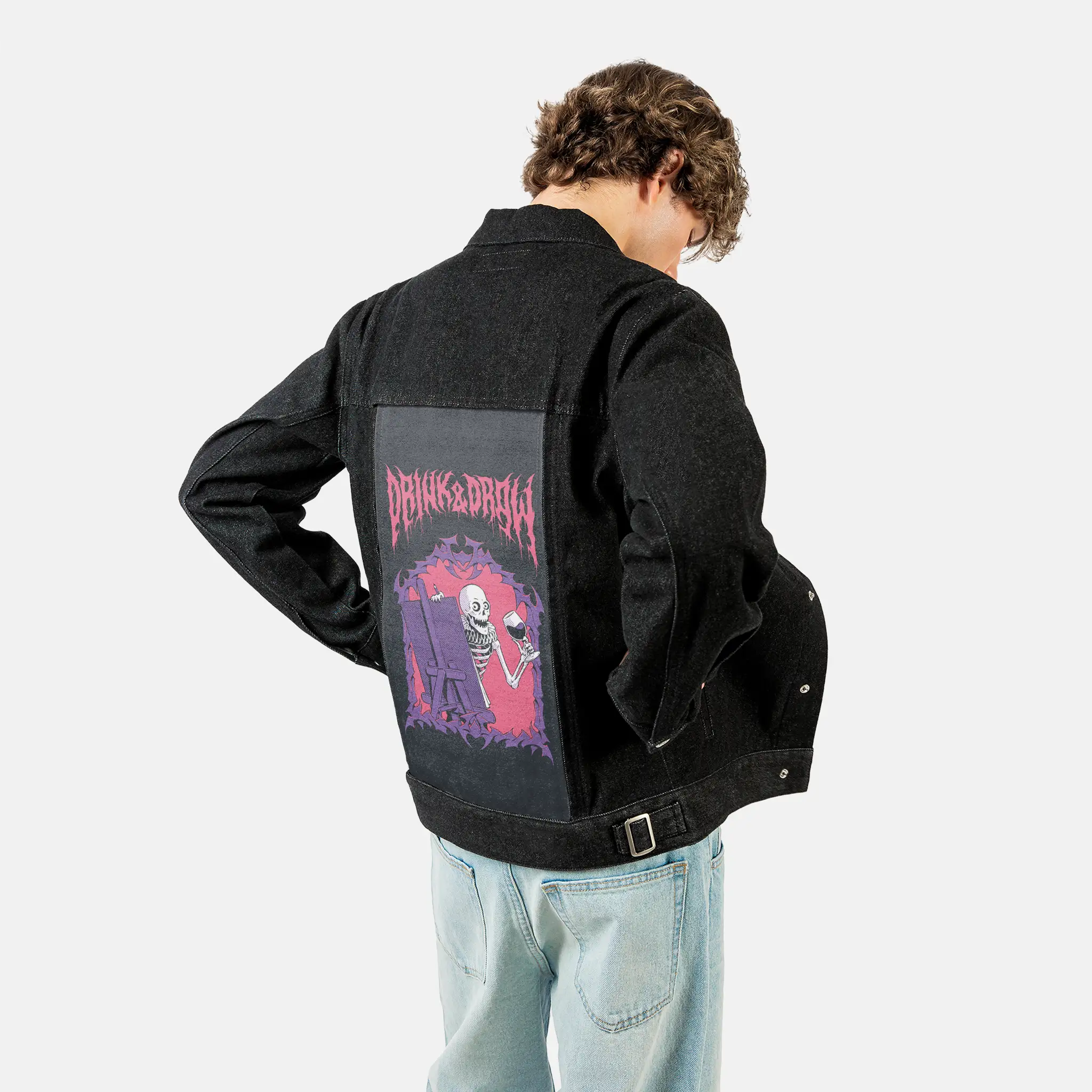 drinkanddraw patch on male og denim jacket in raven