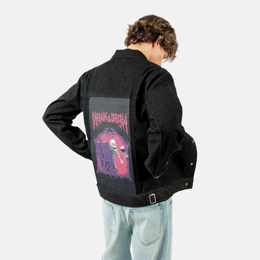 drinkanddraw patch on male og denim jacket in raven