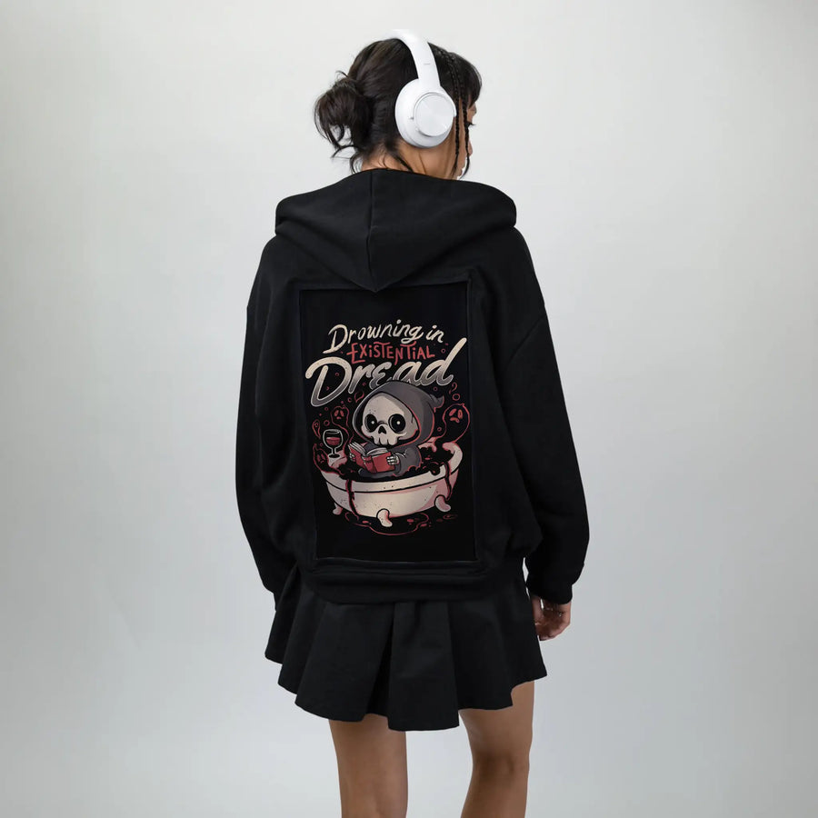 drowningdread patch on female essential zip hoodie in after hours