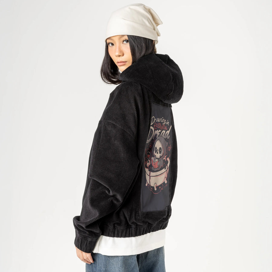 drowningdread patch on female retro cord hoodie in onyx
