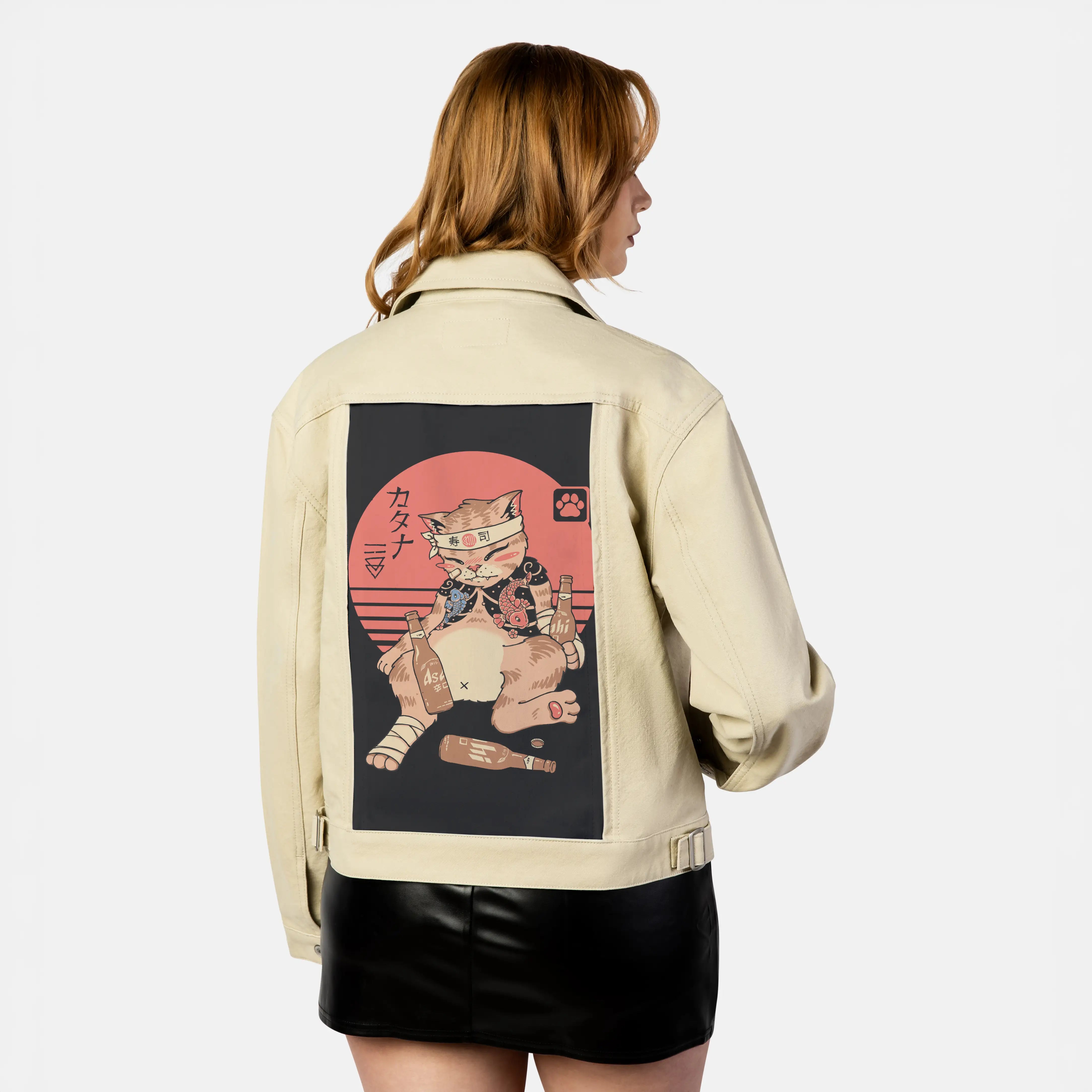 drunkencatana patch on female atelier canvas jacket in tan