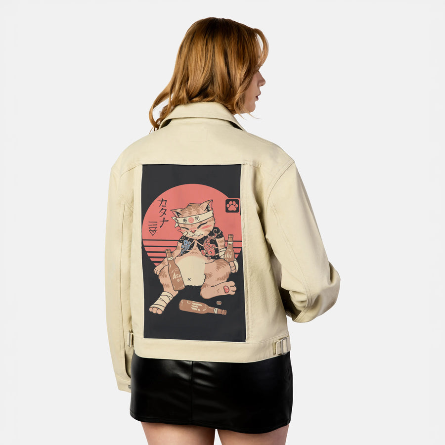 drunkencatana patch on female atelier canvas jacket in tan