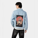 drunkencatana patch on male og denim jacket in oceanside