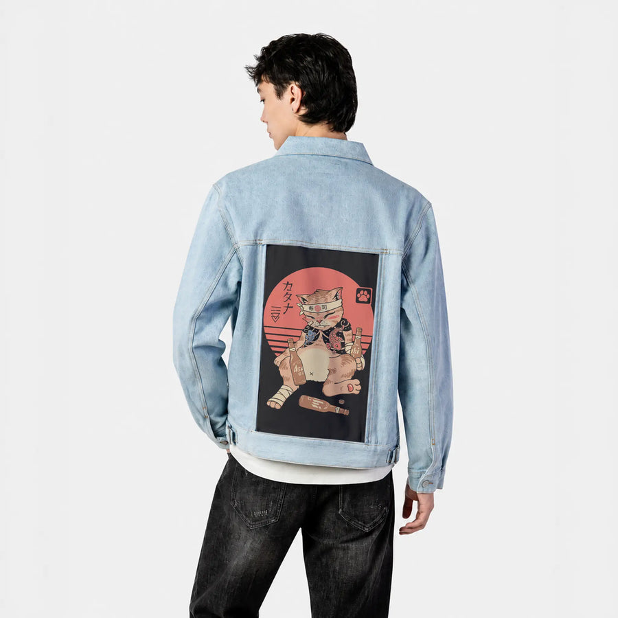 drunkencatana patch on male og denim jacket in oceanside