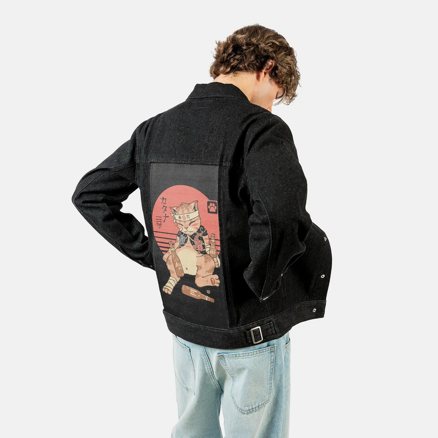 drunkencatana patch on male og denim jacket in raven