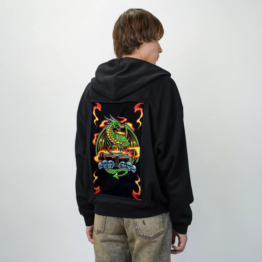dungeonmaster patch on male essential zip hoodie in after hours